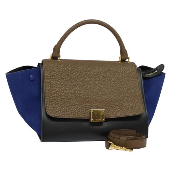 CELINE Trapeze Hand Bag Leather 2way Beige Gold blue Auth gh271 - Picture 1 of 16